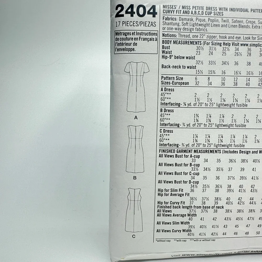 Simplicity 2404 Sewing Pattern Misses Dress Size U5 16-24 Uncut Factory Folded